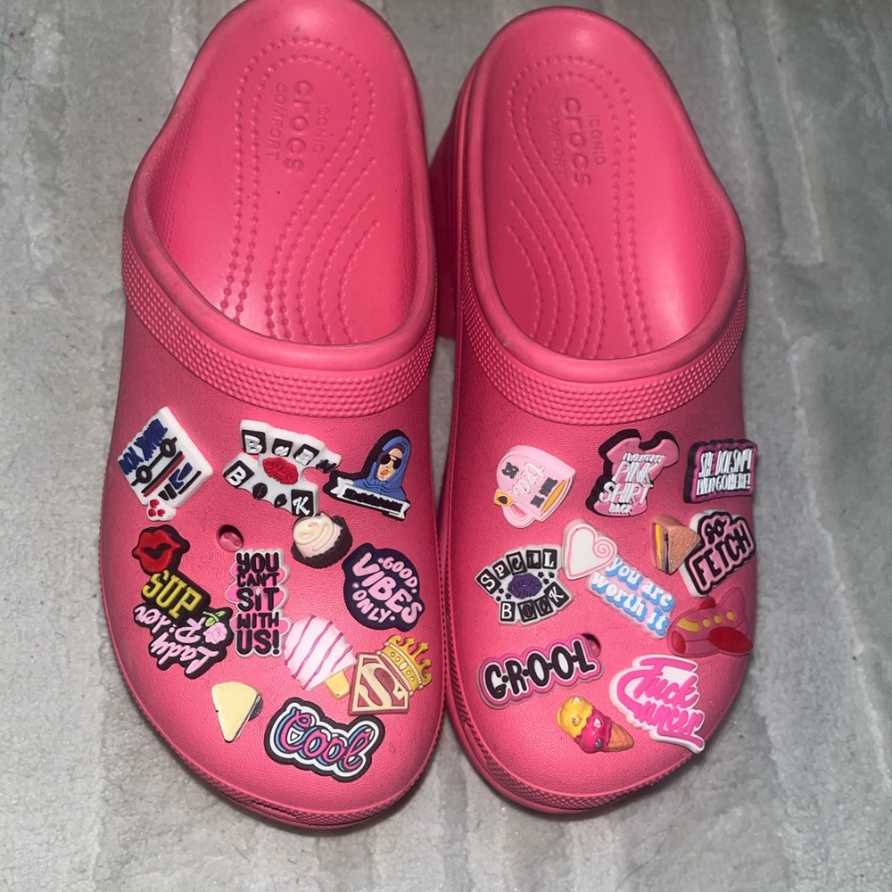 CROCS Pink Clogs with Trendy Stickers